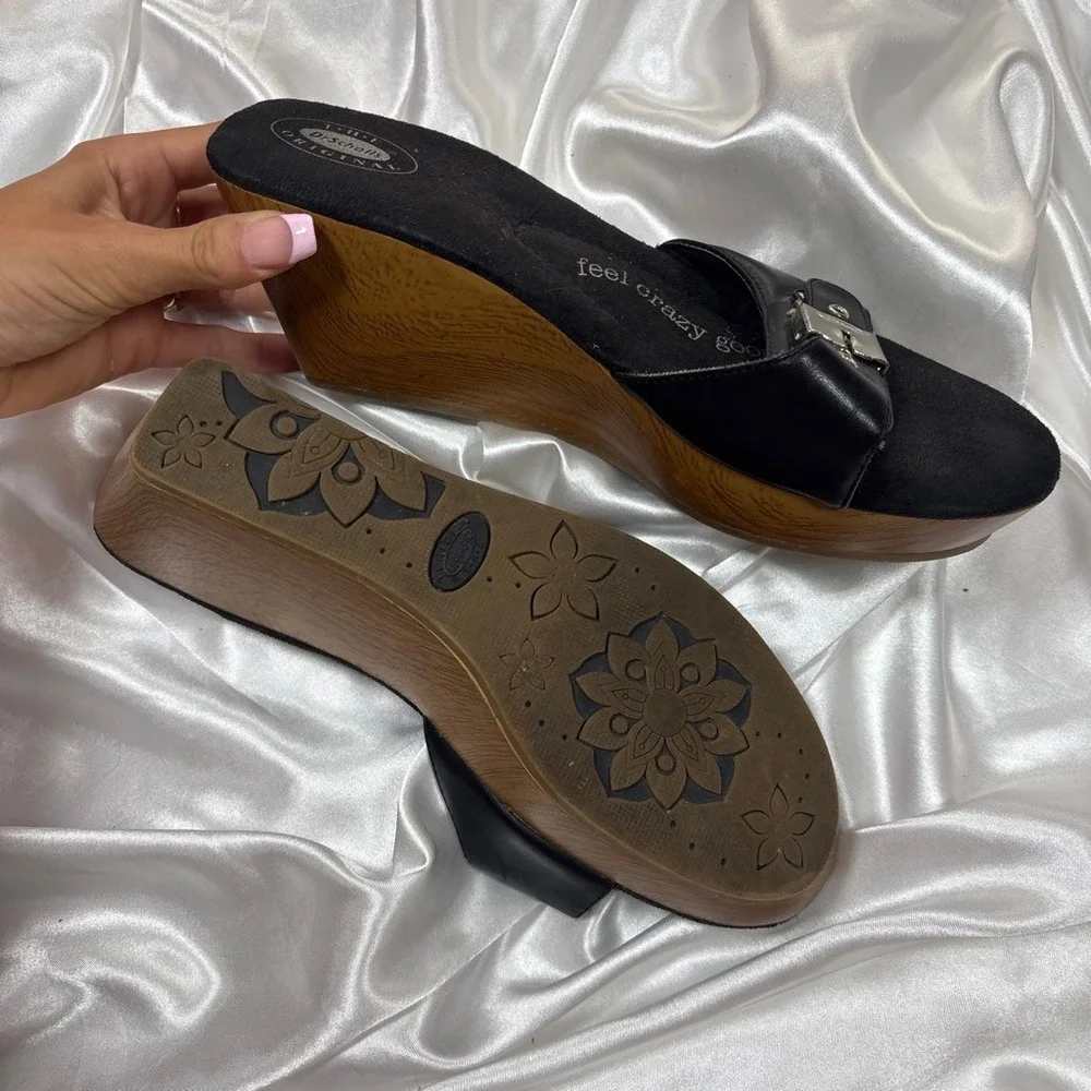 y2k Dr. Scholl's Wedge Sandals Black Excellent Leather Buckle Slide Platform 10M